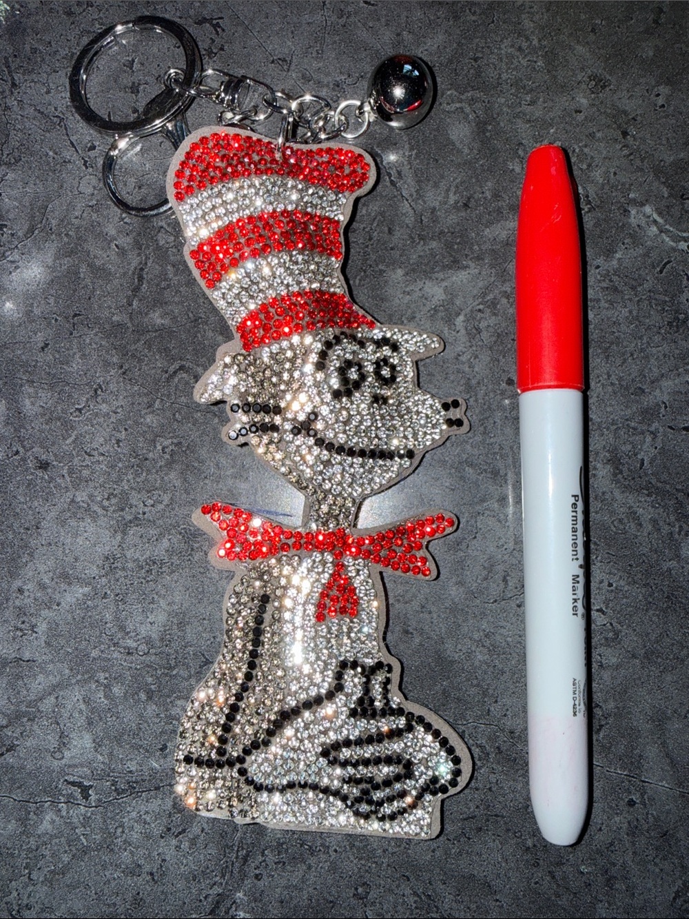 Rhinestone Cat in Striped Hat Keychain - Red and Silver